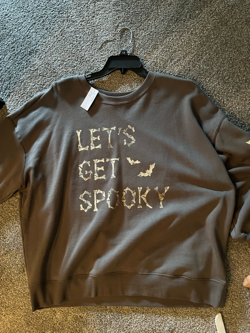 Maurices Gray Let’s Get Spooky Halloween sweatshirt White Bone Print